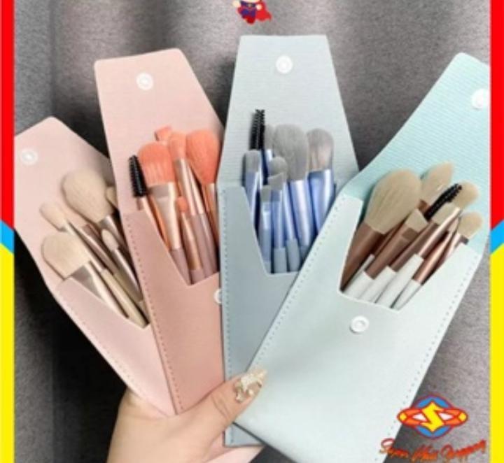 8-Piece Makeup Brush Set Pink Leather Pouch