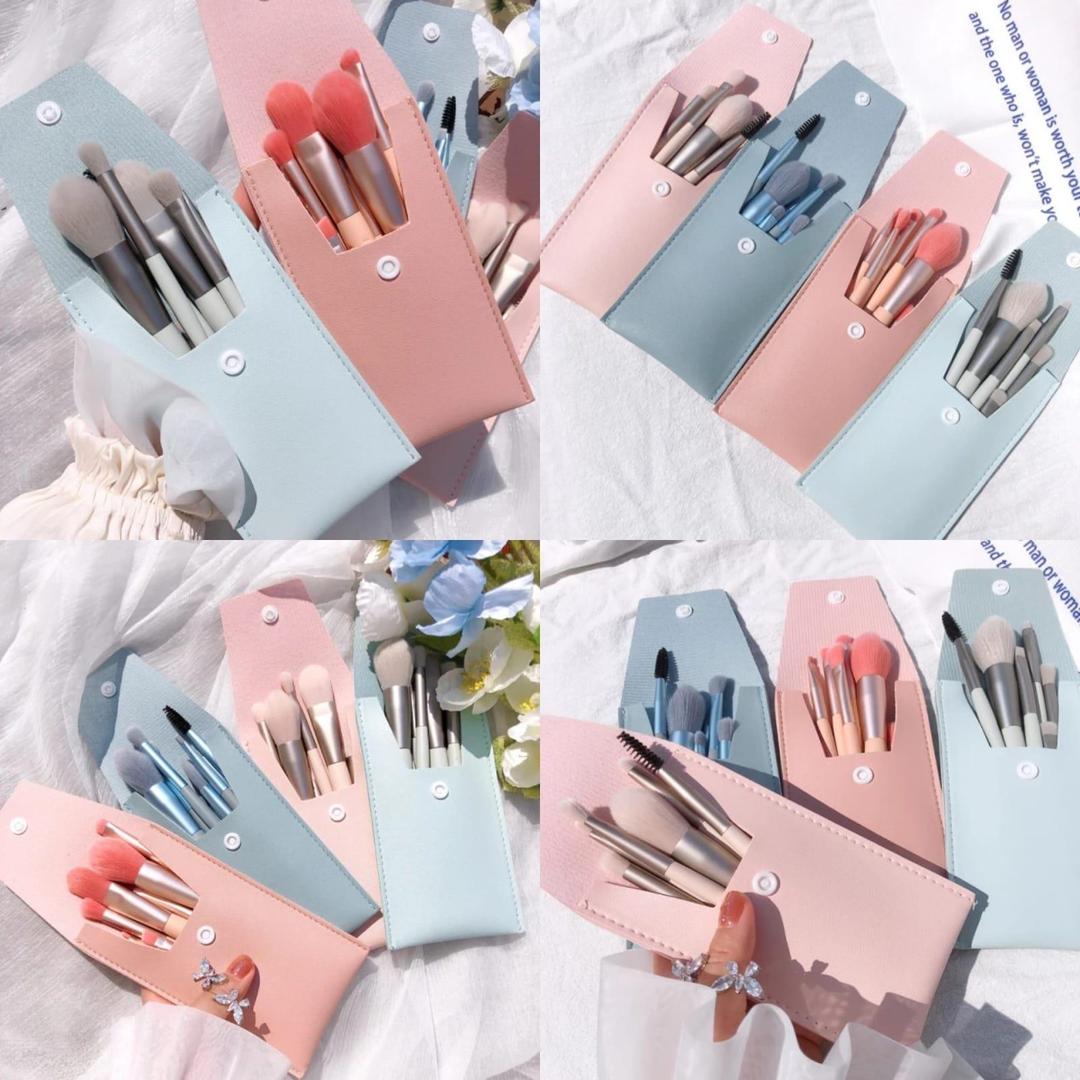 8-Piece Makeup Brush Set Pink Leather Pouch