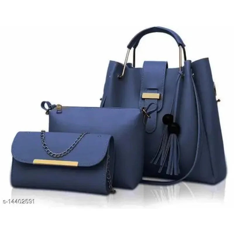 Chic Women's 3 Pcs PU Leather Hand Bag Set in Blue - Perfect Everyday Accessory