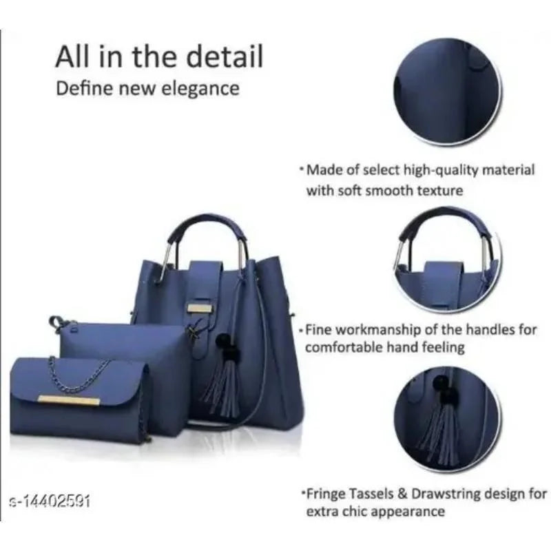 Chic Women's 3 Pcs PU Leather Hand Bag Set in Blue - Perfect Everyday Accessory