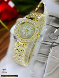 Women Golden Beads Chain Strap Watch Stainless Steel Round Dial