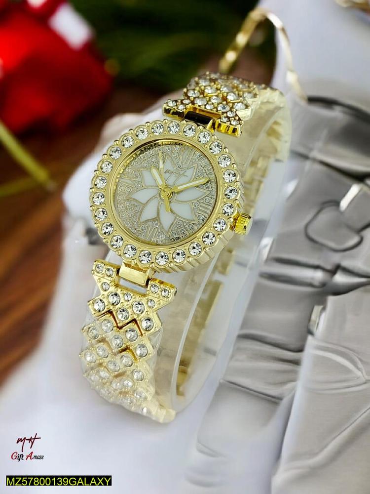 Women Golden Beads Chain Strap Watch Stainless Steel Round Dial