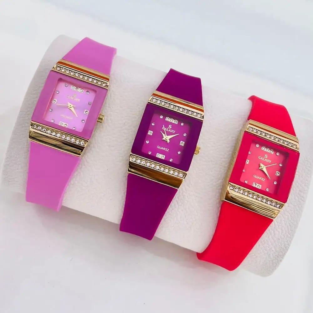 Women's Red Silicone Diamond Watch with Gold Case