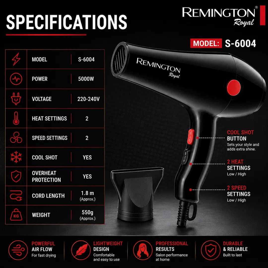 Professional Hair Dryer 5000W | Fast Drying | 2 Heat & 2 Speed Settings | Model S-6004