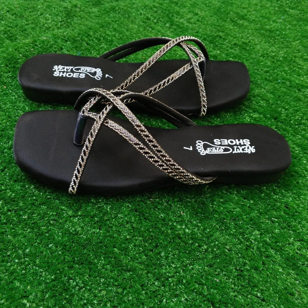 Black Embroidered Women's Flat Sandals