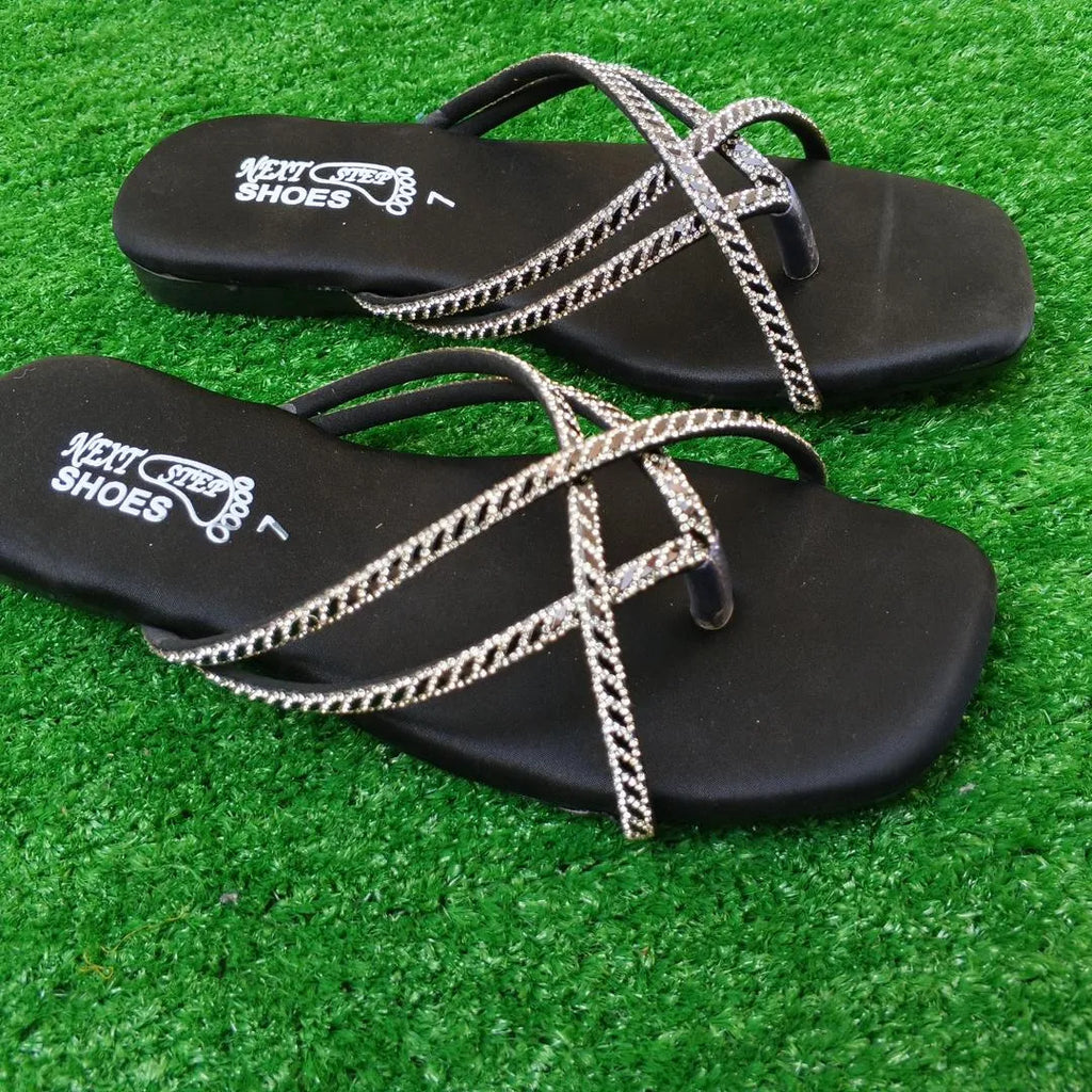 Black Embroidered Women's Flat Sandals